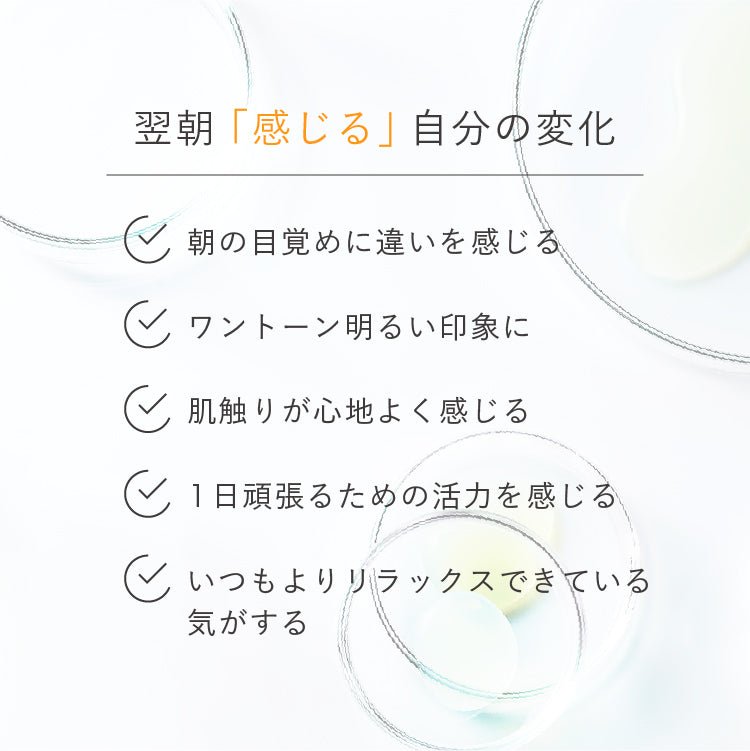 翌朝「感じる」自分の変化＝・朝の目覚めに違いを感じる・ワントーン明るい印象に・肌触りが心地よく感じる・1日頑張るための活力を感じる・いつもよりリラックスできている気がする